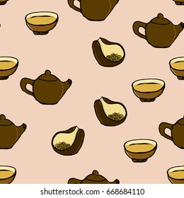 Seamless vector pattern in the hand-drawn style. A simple picture showing a clay teapot, a cup with a brewed drink and a bowl with a dry tea leaves