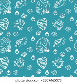 Seamless vector pattern. Hand-drawn stylized shells, sea stones on a turquoise background. Clipart. Doodle style