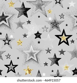 Seamless vector pattern with hand-drawn and texture golden foil stars, abstraction illustration on gray background.