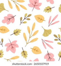 Seamless vector pattern with hand-drawn textured autumn leaves in pastel and warm tones. Perfect for textile, fabric, wrapping, stationery and cozy seasonal projects