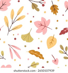 Seamless vector pattern with hand-drawn textured autumn leaves in pastel and warm tones. Perfect for textile, fabric, wrapping, stationery and cozy seasonal projects
