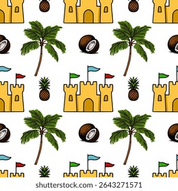 Seamless vector pattern with hand-drawn tropical elements: palm trees, sandcastles with flags, pineapples, and coconuts, creating a playful summer vibe.