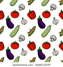 Seamless vector pattern of hand-drawn vegetables: zucchini, corn, mushrooms, tomatoes, bell peppers, eggplants, and garlic, creating a vibrant and fresh kitchen-themed design.