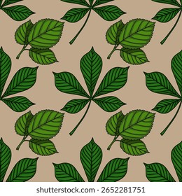 Seamless vector pattern of hand-drawn vibrant green chestnut leaves on a beige background, featuring both individual leaves and clusters, creating a natural and detailed botanical illustration.