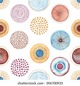 Seamless vector pattern with hand-drawn and watercolor circles texture, abstraction colorful illustration on white background.