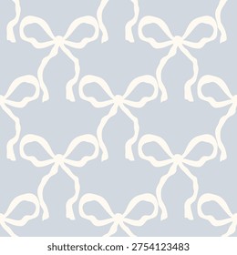 Seamless vector pattern with hand-drawn white ribbons on dusty blue. Trendy coquette aesthetic for statement textiles, bold gift wrap, and modern branding.