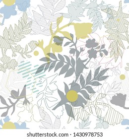 Seamless vector pattern with hand-drawn wildflowers and geometric finures. Delicate vector flowers design for fashion, fabrics, linens, cards, wallpapers and all prints on a white background.