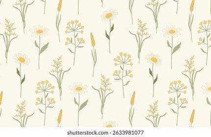 Seamless vector pattern with hand-drawn wildflowers and daisies in soft pastel tones. Perfect for fabric, wallpaper, packaging, eco branding, children's products, wedding designs, and seasonal decor.