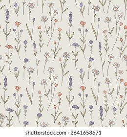 A seamless vector pattern hand-drawn wildflowers, daisies, and lavender in soft pastel spring-themed .The minimalist line art and gentle color palette give it a calm, natural, and whimsical feel.
