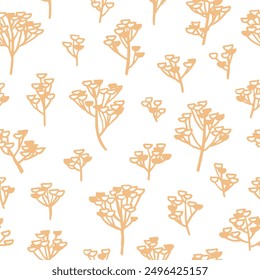 
Seamless vector pattern with hand-drawn yellow tansy inflorescences on a white background.