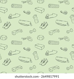 Seamless vector pattern with hand-drawn yoga and wellness accessories. Includes mat, shoes, dumbbells, roller, block, strap, and bottle. Clean line art on soft background