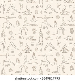 Seamless vector pattern with hand-drawn yoga poses and gestures. Minimal line art style featuring female figures and symbolic hand mudras. Calm and elegant design for wellness themes