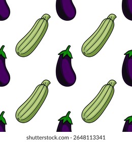 Seamless vector pattern of hand-drawn zucchini and eggplants on white background, featuring a vibrant color palette and playful cartoon style.
