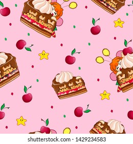 A seamless vector pattern with a handful of chocolate cake, cherry and a tiny red-haired sweet tooth. Children`s cartoon background with magic fairy.