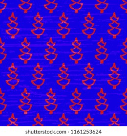 Seamless vector pattern from a handmade, artistic, red Christmas tree on a blue background. Illustration with old vintage texture. Beautiful tile, wrap, cover, textiles, postcard, wallpaper design.