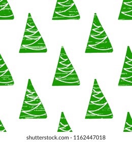Seamless vector pattern from a handmade, artistic, green Christmas tree on a white background. Illustration with old vintage texture. Beautiful tile, wrap, cover, textiles, postcard, wallpaper design.