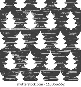 Seamless vector pattern from a handmade, artistic, white Christmas tree on a dark gray background. Illustration with old vintage texture. Beautiful tile, wrap, cover, textiles, postcard, wallpaper des