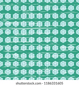 
Seamless vector pattern of handmade, artistic, with white snowflakes on a green background. Christmas illustration with old vintage texture. Beautiful tile, wrapping, textile, postcard, wallpaper des
