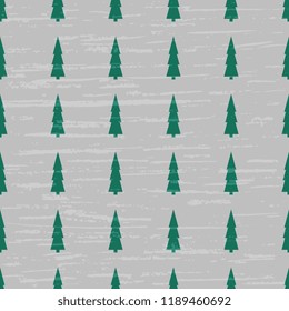 Seamless vector pattern from a handmade, artistic, green Christmas tree on a gray background. Tender illustration of a winter, New Year, with old vintage texture. Beautiful tile, wrap, cover, textiles