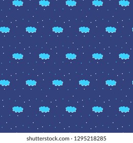 Seamless vector pattern of hand-made, artistic with white and blue stars and clouds on a purple night background. Abstract simple illustration. Beautiful tile, film, cover, textile, postcard, wallpape