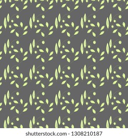 Seamless vector pattern of hand-made, artistic with green twig on gray background. Natural, ornamental illustration. Beautiful tile, wrapping, textile, packaging, cards, wallpaper design.