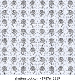 Seamless vector pattern from handmade, artistic, with gray contour roses and droplets on a bluish background. Beautiful illustration for tile, wrapper, cover, textile, postcard, wallpaper design.

