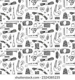 Seamless vector pattern with a handmade theme.  Knitting and embroidery objects.  
Different kinds of thread, needles, needles, scissors for the hobby. Doodle style illustration.