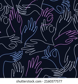 Seamless vector pattern with hands and different gestures line art.