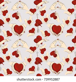 seamless vector pattern of hands holding hearts a day of lovers