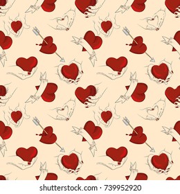 seamless vector pattern of hands holding hearts a day of lovers