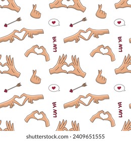 Seamless vector pattern with hands making a heart shape. Love pattern with hands. Valentines day pattern.