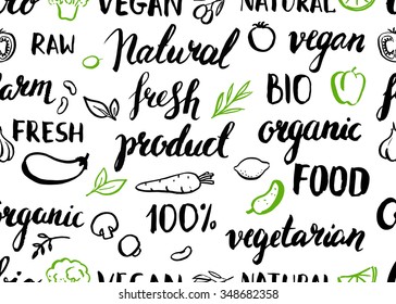 Seamless vector pattern with handwritten food elements and headers. Organic farm natural  product. Ink brush hand lettering. Hand drawn leaves and vegetables.