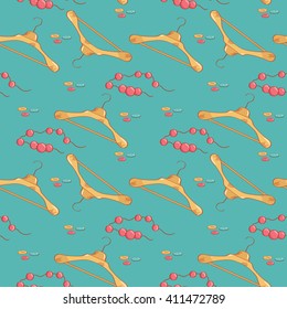 Seamless vector pattern. Hanger, beads, buttons. Illustrations for sites with clothes, banners, postcards, etc