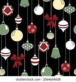 Seamless vector pattern with hanging baubles on black background. Simple Christmas decoration wallpaper design. Winter festive fashion textile.