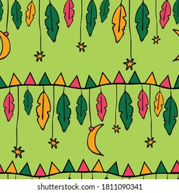Seamless vector pattern with hanging feathers and stars on green background. Beautiful hippies wallpaper design. Gypsy fashion textile.