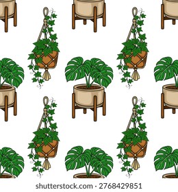 Seamless vector pattern of hanging ivy and potted monstera plants in mid-century modern planters.