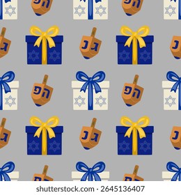 Padrão de vetor contínuo de presentes de Chanucá, dreidels e símbolos da Estrela de Davi em azul, amarelo e bege para desenhos festivos de feriados.
