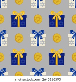 Padrão de vetor contínuo de presentes de Chanucá, moedas de ouro e símbolos da Estrela de Davi, perfeito para fundos festivos e desenhos de feriados.