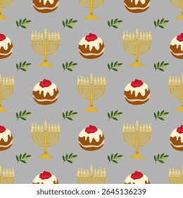 Padrão de vetor sem costura de menorá de Chanucá, sufganiyot e ramos de azeitona em um fundo cinza, perfeito para projetos de feriados festivos.