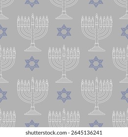 Seamless vector pattern of Hanukkah menorahs and Star of David in elegant grey and blue line art style, perfect for festive holiday backgrounds and designs.