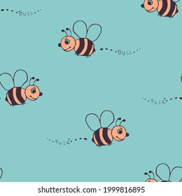 Seamless vector pattern with happy bees on light blue background. Simple hand drawn bumblebee wallpaper design. Decorative cartoon bug fashion textile.