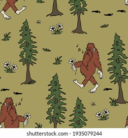 Seamless Vector Pattern With Happy Bigfoot On Green Background. Cartoon Animal Forest Wallpaper Design. Legendary Monster Fashion Textile.