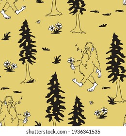 Seamless Vector Pattern With Happy Bigfoot On Yellow Background. Fun Mythical Creature Wallpaper Design For Children. Legendary Monster Fashion Textile.