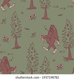 Seamless vector pattern with happy Bigfoot on green background. Mythical animal forest wallpaper design. Hand drawn creature fashion textile.