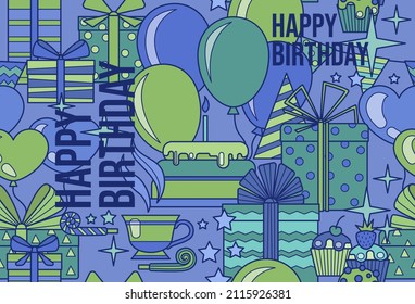 Seamless vector pattern Happy Birthday. In green-blue tones, flat, linear. Cake, balloons, gifts, cupcakes with tea. For packaging paper, wallpaper, postcards, fabric and other goods