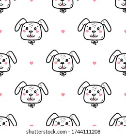 Seamless Vector Pattern with Happy Cute Dog Faces and Hearts. Doodle Cartoon Funny Puppies Background for Kids. Childish Wallpaper with Pet Animals for Baby Fashion, Nursery Design