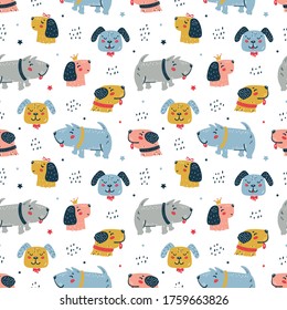 Seamless Vector Pattern with Happy Cute Dogs. Doodle Cartoon Funny Puppies Background for Kids. Childish Wallpaper with Pet Animals for Baby Fashion, Nursery Design