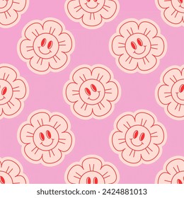 Seamless vector pattern with happy flower stickers. Cute daisy with smiling face on background. Positive groovy graphic for wallpaper, wrapping paper, textile design. Naive art emoji