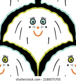Seamless vector pattern with happy ghosts in scale shapes with bright green and vintage blue outlines and orange mouths and noses on a dark black background. Spooky Halloween pattern.