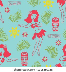 Seamless vector pattern with happy Hawaii girl on blue background. Tropical summer holiday wallpaper design. Aloha fashion textile.